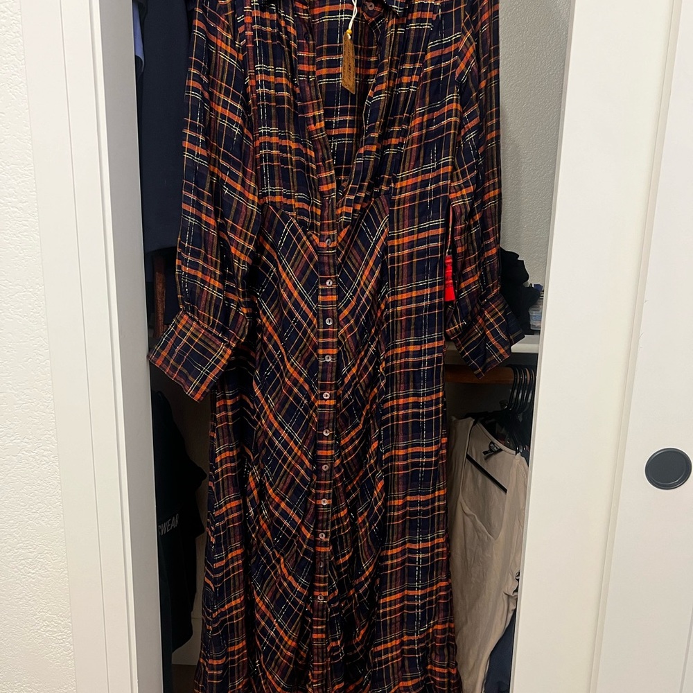 Women's Plaid Button-Front Maxi Dress - Black & Orange